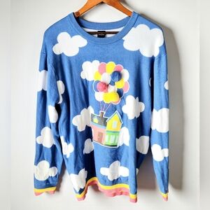Disney Pixar Our Universe Up Longline Sweater Womens L Blue White Clouds 3D Poms